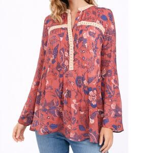 Maeve Anthropologie Blouse Sz 10 Coral Blue Floral Boho Lace Trim Tunic Top